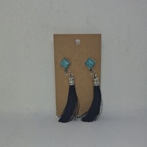 Elegant Silver Tone and Faux Turqoise Tassel Earrings